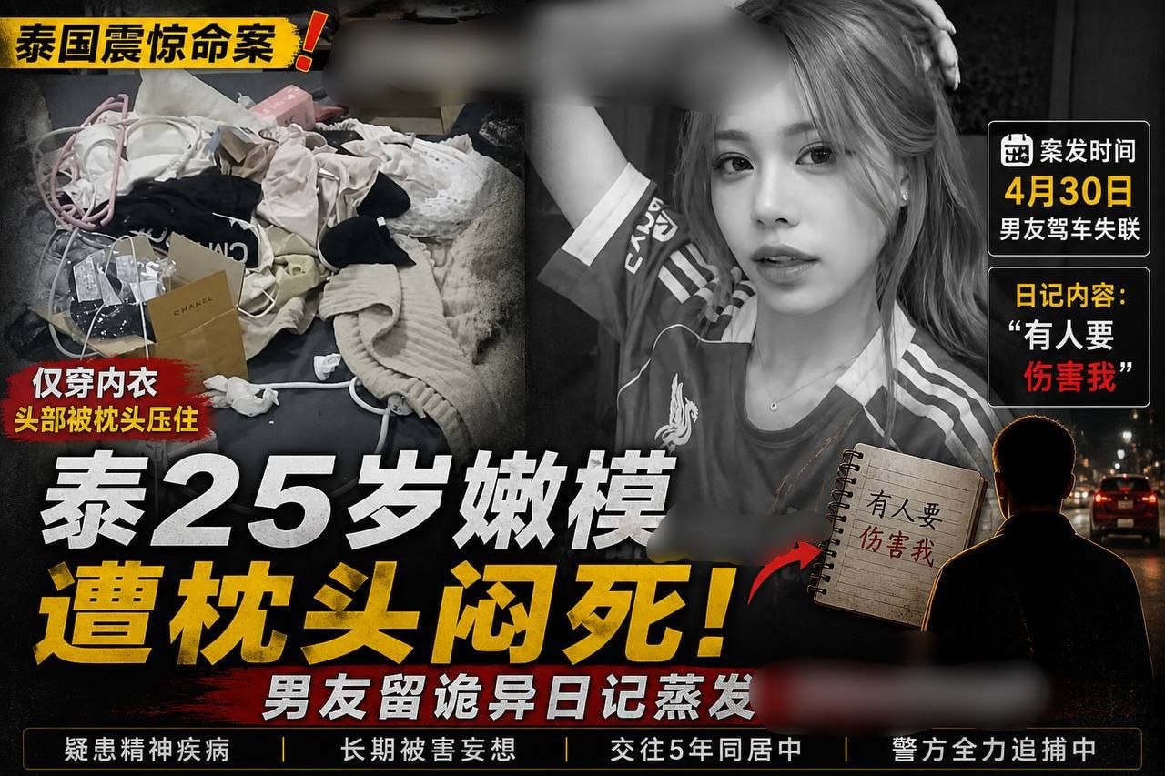 泰国新闻 泰国25岁女模惨死出租屋 仅穿内衣遭枕头闷杀,男友留“被害妄想日记”后失联