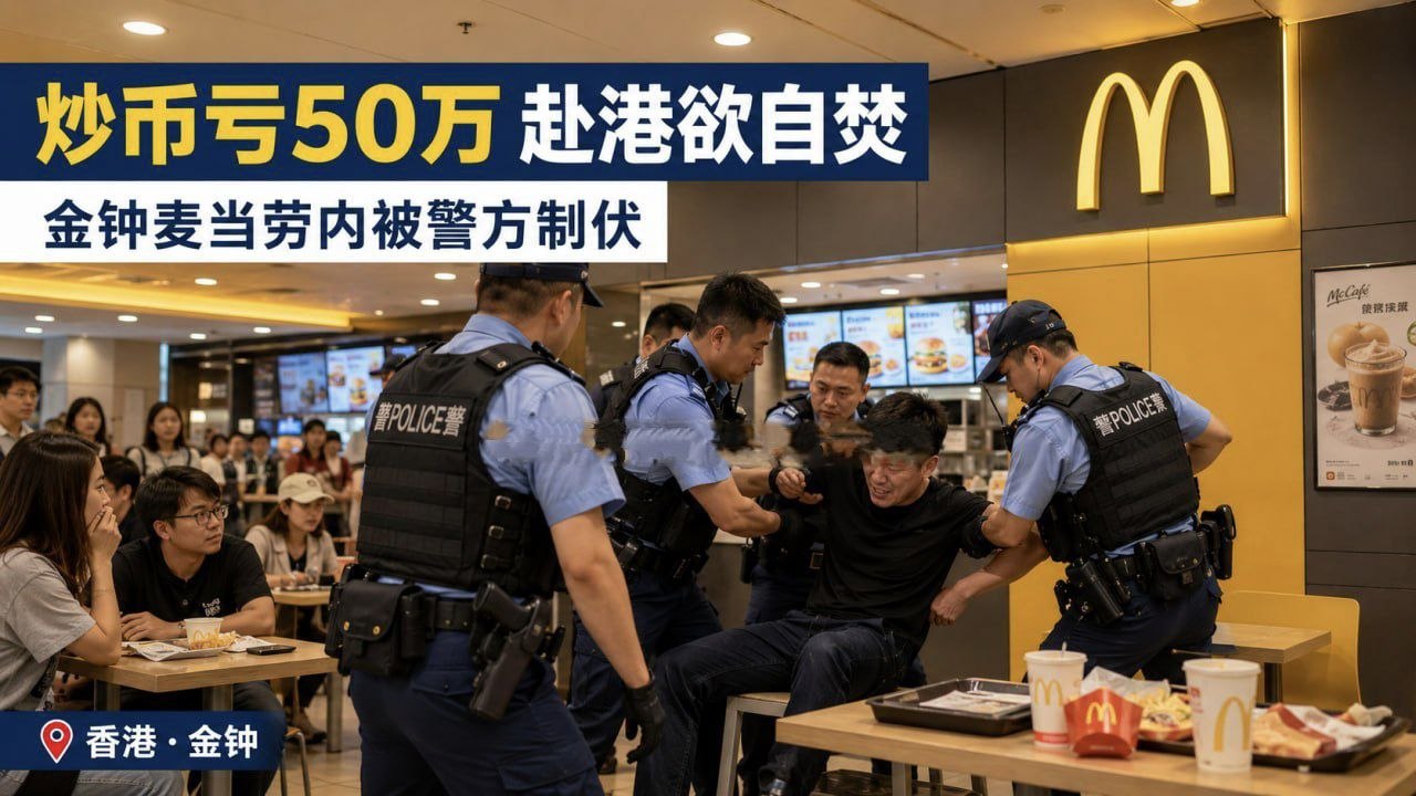 香港新闻 炒币亏了50万,男子赴港欲自焚,在金钟麦当劳内被警方制伏