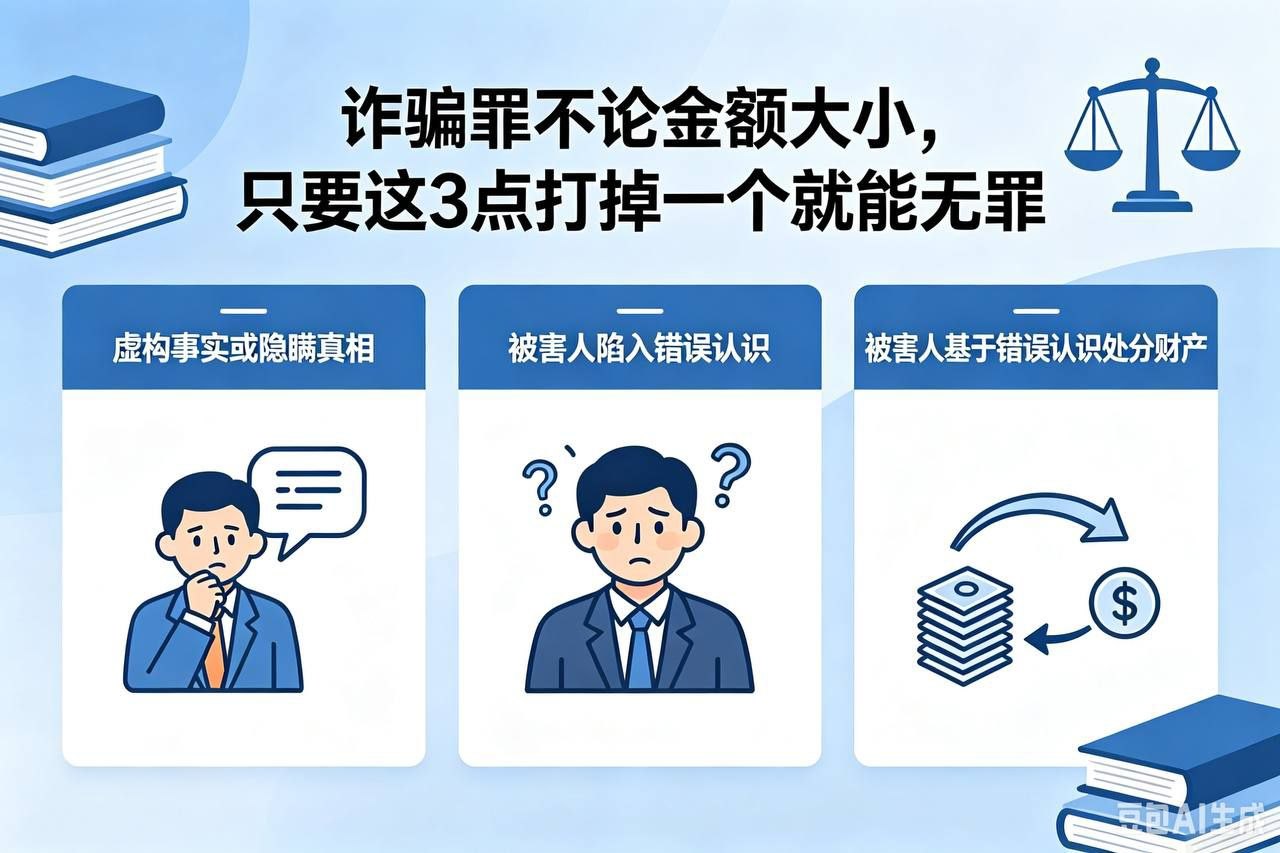 诈骗罪无论金额大小,只要打掉这三个点就能够无罪。诈骗是所有罪名当中最容易做无罪化处理的罪名之一。
