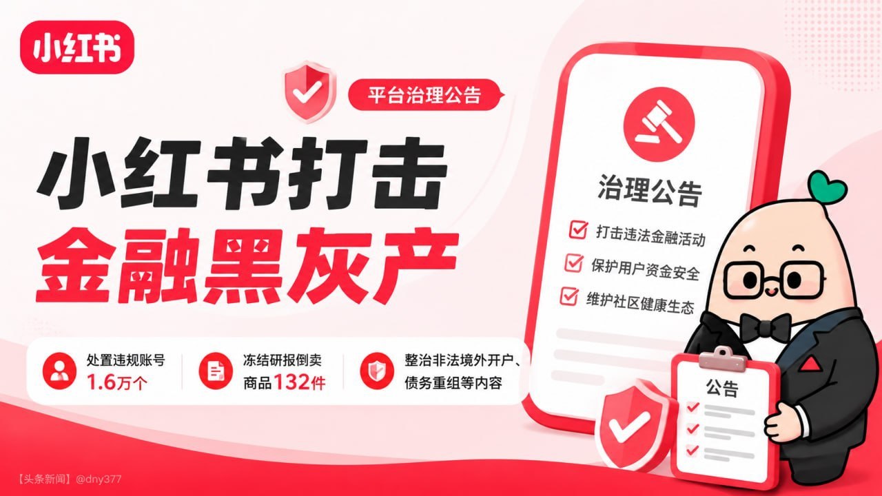 国内新闻 小红书打击金融黑灰产 处置违规账号1.6万个，冻结研报倒卖商品132件